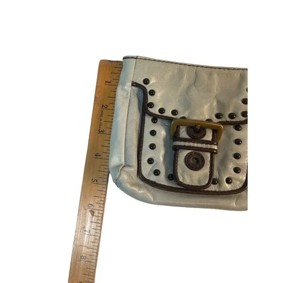 Kate Landry Leather Handbag Zipper Clutch Baby Blue Brown Stitch - Picture 8 of 8